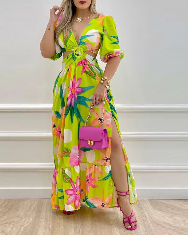 V-Neck Split Printing Long Dress